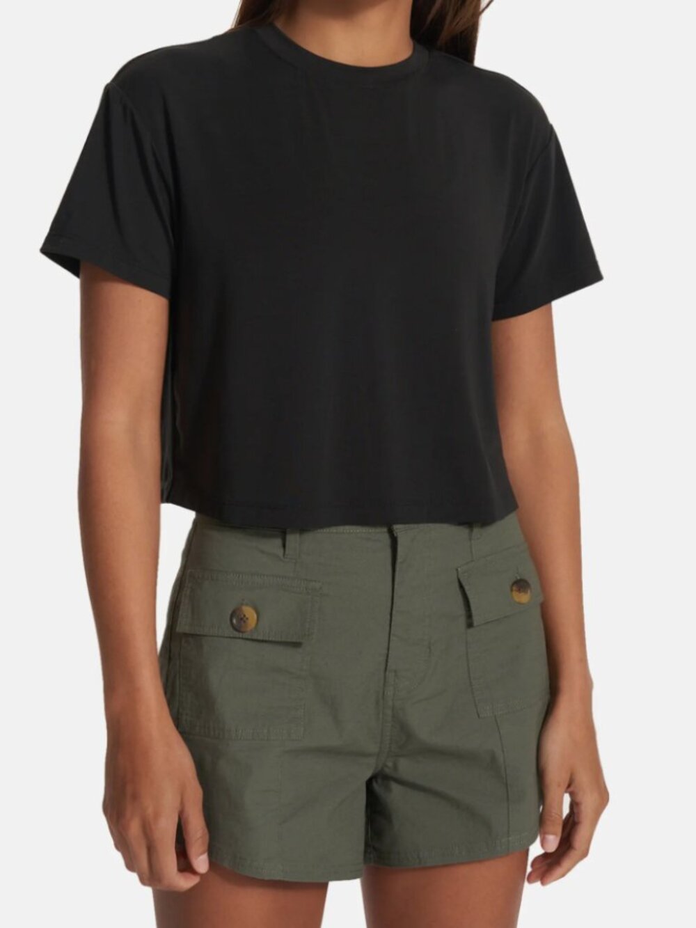 Vuori Feather Cross Back Tee -Black Open Back Cropped- S-MSRP $58 - Picture 2 of 8